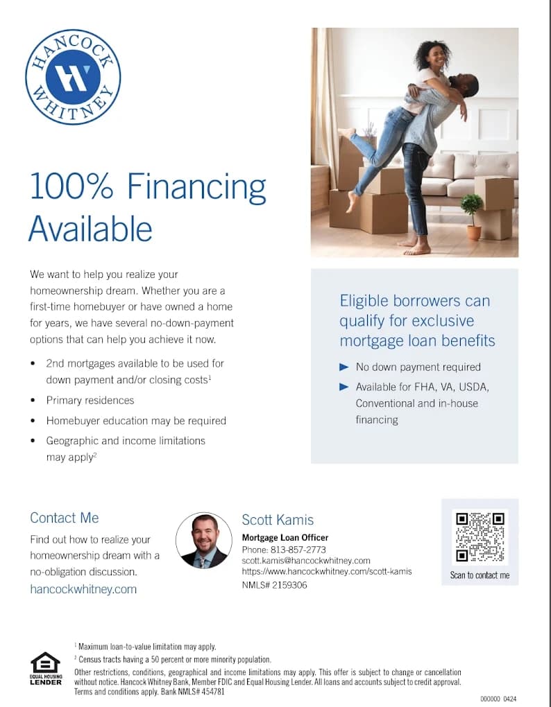 Hancock Whitney 100% Financing Available flyer